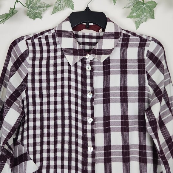 Soft Surroundings Size L Plaid Burgundy Purple 3/4 Sleeve Cotton Blend Tunic Top - Picture 2 of 6